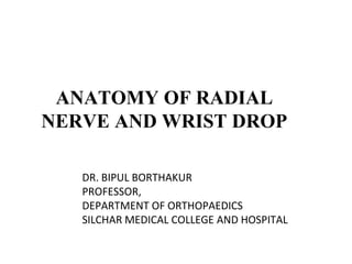 ANATOMY OF RADIAL
NERVE AND WRIST DROP
DR. BIPUL BORTHAKUR
PROFESSOR,
DEPARTMENT OF ORTHOPAEDICS
SILCHAR MEDICAL COLLEGE AND HOSPITAL
 