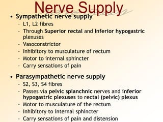 Nerve SupplySympathetic nerve supplyL1, L2 fibresThrough Superior rectal and Inferior hypogastric plexusesVasoconstrictorInhibitory to musculature of rectumMotor to internal sphincterCarry sensations of painParasympathetic nerve supplyS2, S3, S4 fibresPasses via pelvic splanchnic nerves and inferior hypogastric plexuses to rectal (pelvic) plexusMotor to musculature of the rectumInhibitory to internal sphincterCarry sensations of pain and distension