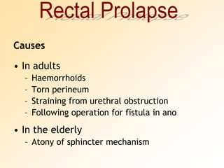 CausesIn adultsHaemorrhoidsTorn perineumStraining from urethral obstructionFollowing operation for fistula in anoIn the elderlyAtony of sphincter mechanismRectal Prolapse