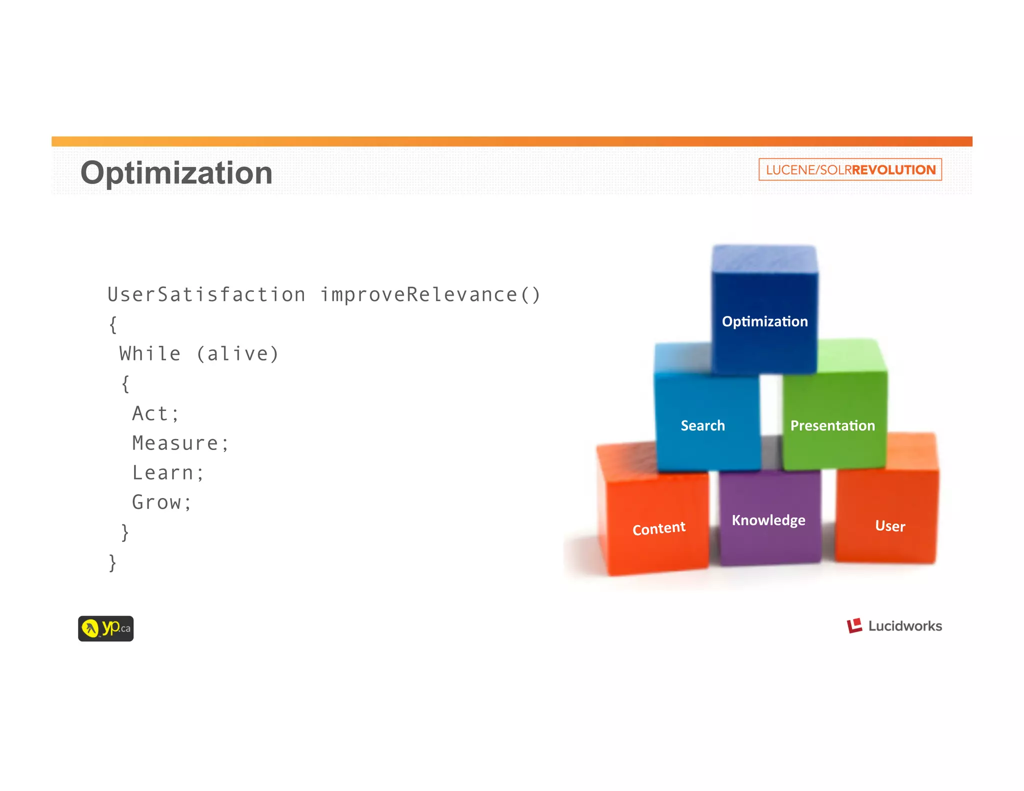 Optimization 
UserSatisfaction improveRelevance() 
{ 
While (alive) 
{ 
Act; 
Measure; 
Learn; 
Grow; 
} 
} 
Search 
Presenta4on 
Content 
Op4miza4on 
Knowledge 
User 
 