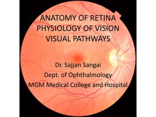 ANATOMY OF RETINA
PHYSIOLOGY OF VISION
VISUAL PATHWAYS
Dr. Sajjan Sangai
Dept. of Ophthalmology
MGM Medical College and Hospital
 