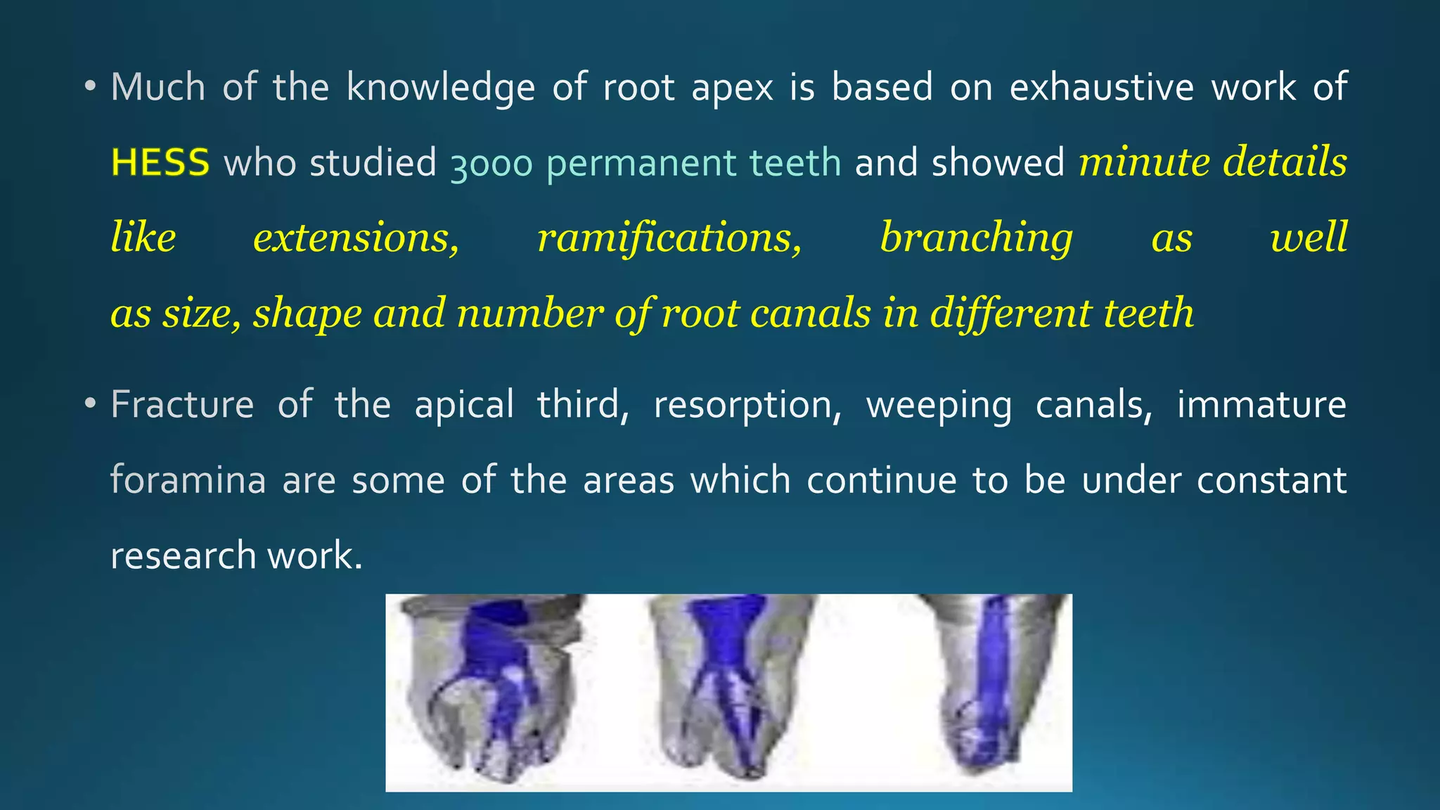 3000 permanent teeth minute details
like extensions, ramifications, branching as well
as size, shape and number of root canals in different teeth
 