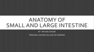 ANATOMY OF
SMALL AND LARGE INTESTINE
BY : MS SAILIGAUDE
PRINCIPAL SHIVAM COLLEGEOF NURSING
 