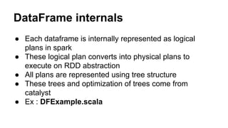 DataFrame internals
● Each dataframe is internally represented as logical
plans in spark
● These logical plan converts into physical plans to
execute on RDD abstraction
● All plans are represented using tree structure
● These trees and optimization of trees come from
catalyst
● Ex : DFExample.scala
 