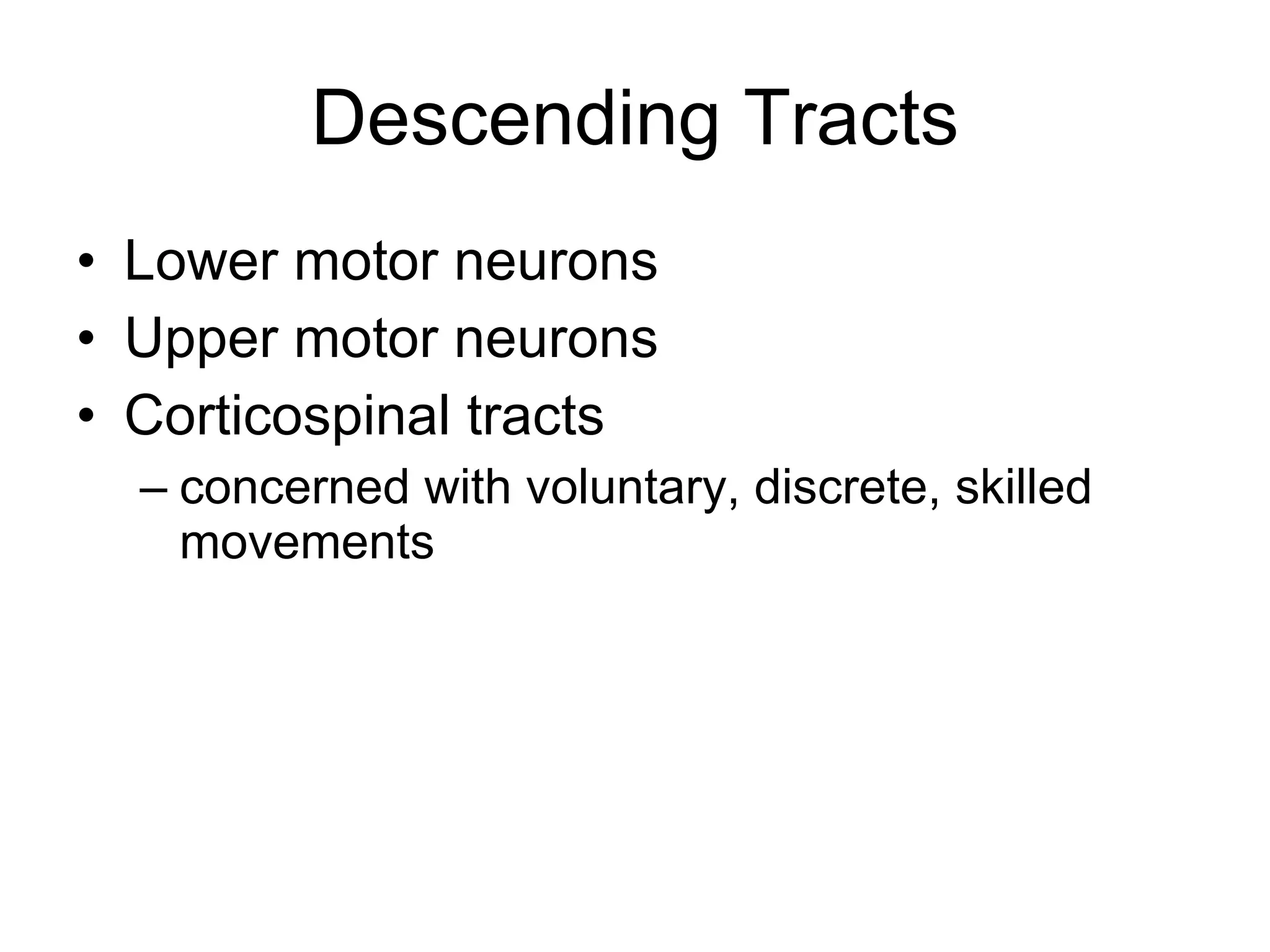 Descending Tracts Lower motor neurons Upper motor neurons Corticospinal tracts concerned with voluntary, discrete, skilled movements 
