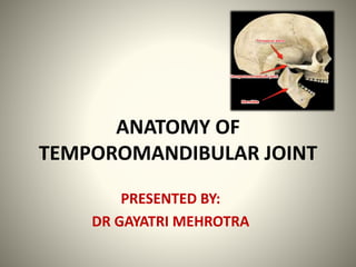 ANATOMY OF
TEMPOROMANDIBULAR JOINT
PRESENTED BY:
DR GAYATRI MEHROTRA
 