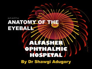 ‫بسم ال الرحمن الرحيم‬


ANATOMY OF THE
EYEBALL

                         ALFASHER
                        OPHTHALMIC
                         HOSPETAL
                       By Dr Shawgi Adugory
 