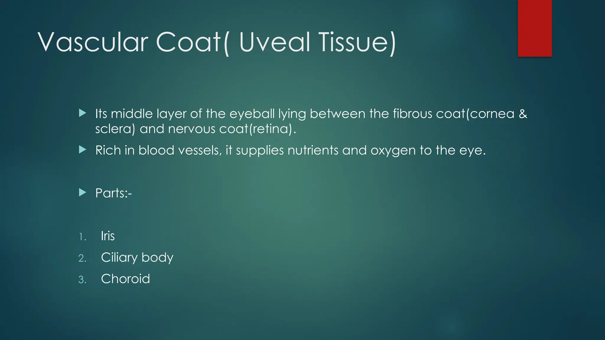 Vascular Coat( Uveal Tissue)
 Its middle layer of the eyeball lying between the fibrous coat(cornea &
sclera) and nervous coat(retina).
 Rich in blood vessels, it supplies nutrients and oxygen to the eye.
 Parts:-
1. Iris
2. Ciliary body
3. Choroid
 