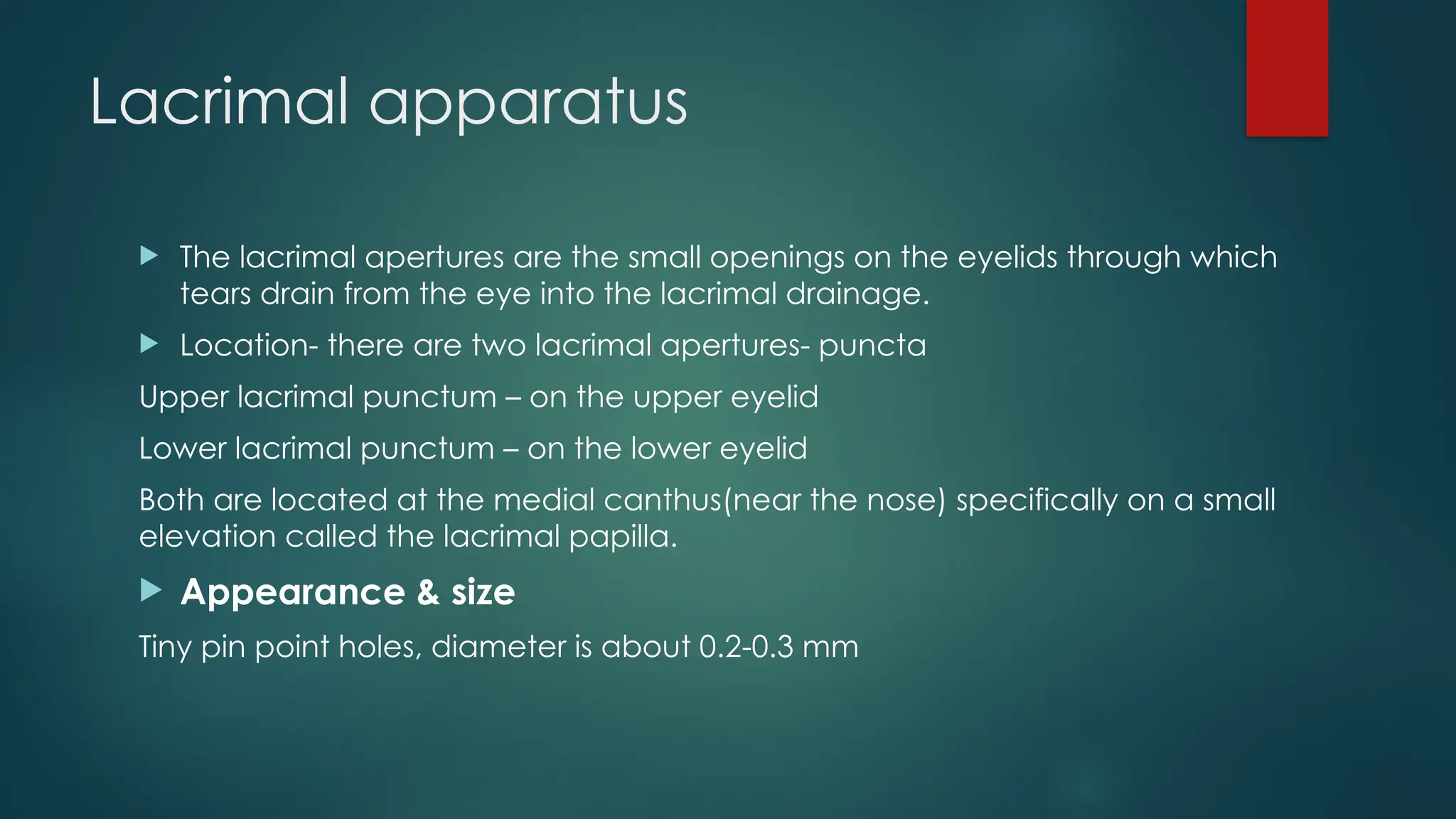 Lacrimal apparatus
 The lacrimal apertures are the small openings on the eyelids through which
tears drain from the eye into the lacrimal drainage.
 Location- there are two lacrimal apertures- puncta
Upper lacrimal punctum – on the upper eyelid
Lower lacrimal punctum – on the lower eyelid
Both are located at the medial canthus(near the nose) specifically on a small
elevation called the lacrimal papilla.
 Appearance & size
Tiny pin point holes, diameter is about 0.2-0.3 mm
 