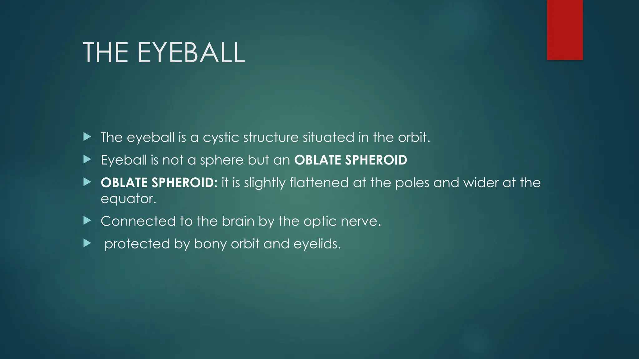 THE EYEBALL
 The eyeball is a cystic structure situated in the orbit.
 Eyeball is not a sphere but an OBLATE SPHEROID
 OBLATE SPHEROID: it is slightly flattened at the poles and wider at the
equator.
 Connected to the brain by the optic nerve.
 protected by bony orbit and eyelids.
 