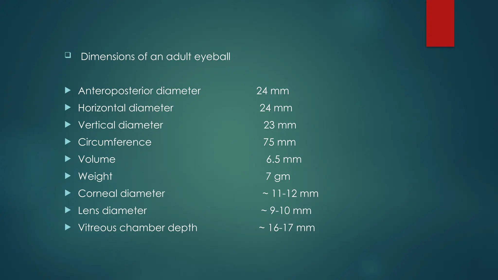 Dimensions of an adult eyeball
 Anteroposterior diameter 24 mm
 Horizontal diameter 24 mm
 Vertical diameter 23 mm
 Circumference 75 mm
 Volume 6.5 mm
 Weight 7 gm
 Corneal diameter ~ 11-12 mm
 Lens diameter ~ 9-10 mm
 Vitreous chamber depth ~ 16-17 mm
 