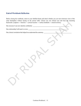 Cerebrum Workbook | 13
End-of-Workbook Reflection
Before closing the workbook, return to your labelled sheets and check whether you can move between views of the
same hemisphere without relying on the answer table. Choose any one clinical case and trace the reasoning
backwards: symptom → function → cortical location → surface landmark → arterial territory.
One structure I can now identify confidently: __________________________________________________
One relationship I still need to revise: ______________________________________________________
One clinical correlation that helped me understand the anatomy: ______________________________________
 
