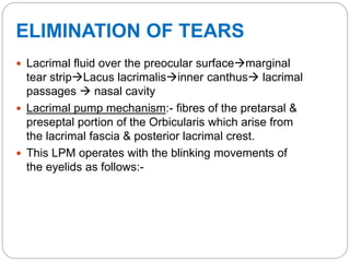 ELIMINATION OF TEARS
 Lacrimal fluid over the preocular surfacemarginal
tear stripLacus lacrimalisinner canthus lacrimal
passages  nasal cavity
 Lacrimal pump mechanism:- fibres of the pretarsal &
preseptal portion of the Orbicularis which arise from
the lacrimal fascia & posterior lacrimal crest.
 This LPM operates with the blinking movements of
the eyelids as follows:-
 
