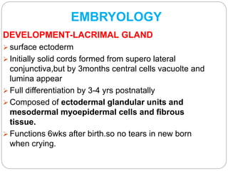 EMBRYOLOGY
DEVELOPMENT-LACRIMAL GLAND
 surface ectoderm
 Initially solid cords formed from supero lateral
conjunctiva,but by 3months central cells vacuolte and
lumina appear
 Full differentiation by 3-4 yrs postnatally
 Composed of ectodermal glandular units and
mesodermal myoepidermal cells and fibrous
tissue.
 Functions 6wks after birth.so no tears in new born
when crying.
 