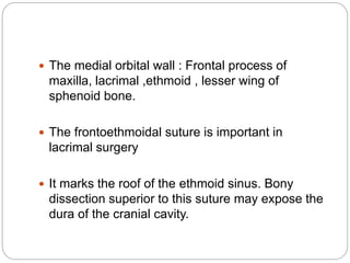  The medial orbital wall : Frontal process of
maxilla, lacrimal ,ethmoid , lesser wing of
sphenoid bone.
 The frontoethmoidal suture is important in
lacrimal surgery
 It marks the roof of the ethmoid sinus. Bony
dissection superior to this suture may expose the
dura of the cranial cavity.
 