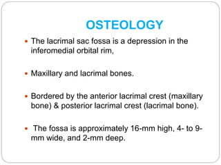 OSTEOLOGY
 The lacrimal sac fossa is a depression in the
inferomedial orbital rim,
 Maxillary and lacrimal bones.
 Bord...
