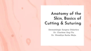 Anatomy of the
Skin, Basics of
Cutting & Suturing
Dermatologic Surgery Didactics
Dr. Charlene Ang-Tiu
Dr. Wendilyn Barba Mejia
 