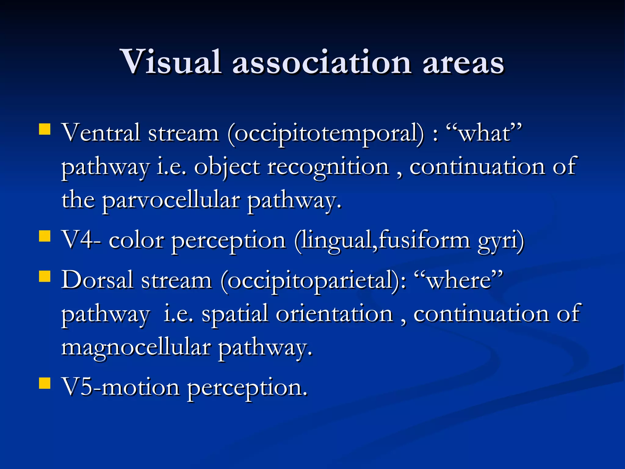 Visual association areas
   Ventral stream (occipitotemporal) : “what”
    pathway i.e. object recognition , continuation of
    the parvocellular pathway.
   V4- color perception (lingual,fusiform gyri)
   Dorsal stream (occipitoparietal): “where”
    pathway i.e. spatial orientation , continuation of
    magnocellular pathway.
   V5-motion perception.
 