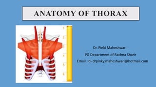 ANATOMY OF THORAX
Dr. Pinki Maheshwari
PG Department of Rachna Sharir
Email. Id- drpinky.maheshwari@hotmail.com
 