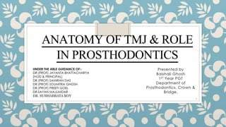 ANATOMY OF TMJ & ROLE
IN PROSTHODONTICS
Presented by
Baishali Ghosh
1ST Year PGT
Department of Prosthodontics,
Crown & Bridge.
1
UNDER THE ABLE GUIDANCE OF:-
DR.(PROF) JAYANTA
BHATTACHARYA
[HOD & PRINCIPAL]
DR.(PROF) SAMIRAN DAS
DR.(PROF) SOUMITRA GHOSH
DR.(PROF) PREETI GOEL
DR.SAYAN MAJUMDAR
DR. SUBHABRATA ROY
 