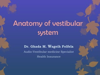 Anatomy of vestibular
system
Dr. Ghada M. Wageih Felfela
Audio-Vestibular medicine Specialist
Health Insurance
 