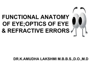 FUNCTIONAL ANATOMY
OF EYE;OPTICS OF EYE
& REFRACTIVE ERRORS
DR.K.AMUDHA LAKSHMI M.B.B.S.,D.O.,M.D
 