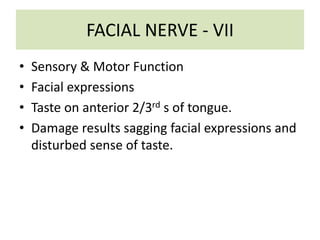 FACIAL NERVE - VII
• Sensory & Motor Function
• Facial expressions
• Taste on anterior 2/3rd s of tongue.
• Damage results sagging facial expressions and
disturbed sense of taste.
 