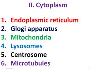 8/21/2017 34
II. Cytoplasm
1. Endoplasmic reticulum
2. Glogi apparatus
3. Mitochondria
4. Lysosomes
5. Centrosome
6. Microtubules
 