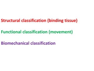 Structural classification (binding tissue)
Functional classification (movement)
Biomechanical classification
 