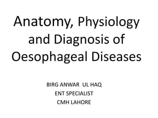 Anatomy, Physiology
and Diagnosis of
Oesophageal Diseases
BIRG ANWAR UL HAQ
ENT SPECIALIST
CMH LAHORE
 