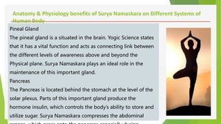 Anatomy & Physiology benefits of Surya Namaskara on Different Systems of
Human Body
Pineal Gland
The pineal gland is a situated in the brain. Yogic Science states
that it has a vital function and acts as connecting link between
the different levels of awareness above and beyond the
Physical plane. Surya Namaskara plays an ideal role in the
maintenance of this important gland.
Pancreas
The Pancreas is located behind the stomach at the level of the
solar plexus. Parts of this important gland produce the
hormone insulin, which controls the body’s ability to store and
utilize sugar. Surya Namaskara compresses the abdominal
 