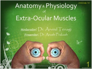 Anatomy Physiology
Extra-Ocular Muscles
Moderator: Dr. Arvind Tenagi
Presenter: Dr. Arushi Prakash
of
23rd July '15
1
&
Dept. of Ophthalmology, JNMC, Belagavi
 