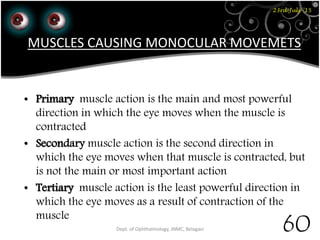 23rd July '15
60Dept. of Ophthalmology, JNMC, Belagavi
MUSCLES CAUSING MONOCULAR MOVEMETS
• Primary muscle action is the main and most powerful
direction in which the eye moves when the muscle is
contracted
• Secondary muscle action is the second direction in
which the eye moves when that muscle is contracted, but
is not the main or most important action
• Tertiary muscle action is the least powerful direction in
which the eye moves as a result of contraction of the
muscle
 
