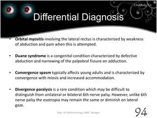 Differential Diagnosis
• Orbital myositis involving the lateral rectus is characterized by weakness
of abduction and pain when this is attempted.
• Duane syndrome is a congenital condition characterized by defective
abduction and narrowing of the palpebral fissure on adduction.
• Convergence spasm typically affects young adults and is characterized by
convergence with miosis and increased accommodation.
• Divergence paralysis is a rare condition which may be difficult to
distinguish from unilateral or bilateral 6th nerve palsy. However, unlike 6th
nerve palsy the esotropia may remain the same or diminish on lateral
gaze.
23rd July '15 Dept. of Ophthalmology, JNMC, Belagavi
94
23rdJuly '15
 