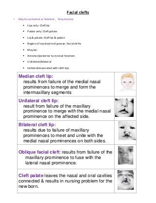 Facial clefts
• May be unilateral or bilateral , May involve:
 Lips only: Cleft lip
 Palate only: Cleft palate
 Lip & palate: Cleft lip & palate
 Region of nasolacrimal groove: Facial clefts
 May be:
 Anterior/posterior to incisive foramen
 Unilateral/bilateral
 Isolated/associated with cleft lips
Median cleft lip:
results from failure of the medial nasal
prominences to merge and form the
intermaxillary segments
Unilateral cleft lip:
result from failure of the maxillary
prominence to merge with the medial nasal
prominence on the affected side.
Bilateral cleft lip:
results due to failure of maxillary
prominences to meet and unite with the
medial nasal prominences on both sides.
Oblique facial cleft: results from failure of the
maxillary prominence to fuse with the
lateral nasal prominence.
Cleft palate leaves the nasal and oral cavities
connected & results in nursing problem for the
new born.
 