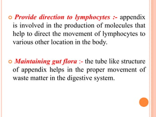     Provide direction to lymphocytes :- appendix
    is involved in the production of molecules that
    help to direct the movement of lymphocytes to
    various other location in the body.

    Maintaining gut flora :- the tube like structure
    of appendix helps in the proper movement of
    waste matter in the digestive system.
 