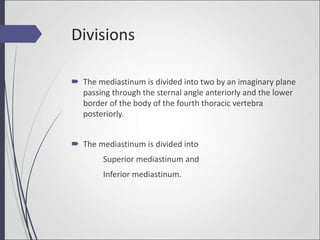 Divisions
 The mediastinum is divided into two by an imaginary plane
passing through the sternal angle anteriorly and the lower
border of the body of the fourth thoracic vertebra
posteriorly.
 The mediastinum is divided into
Superior mediastinum and
Inferior mediastinum.
 