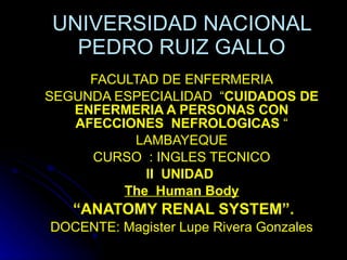 UNIVERSIDAD NACIONAL PEDRO RUIZ GALLO FACULTAD DE ENFERMERIA SEGUNDA ESPECIALIDAD  “ CUIDADOS DE ENFERMERIA A PERSONAS CON AFECCIONES  NEFROLOGICAS  “ LAMBAYEQUE CURSO  : INGLES TECNICO II  UNIDAD  The  Human Body “ ANATOMY RENAL SYSTEM”. DOCENTE: Magister Lupe Rivera Gonzales 