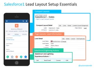 Salesforce1 Lead Layout Setup Essentials
Compact Layouts
Page Layouts: Lead Information
Salesforce1/Lightning Actions
@automatemkt
 