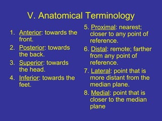 V. Anatomical Terminology
1. Anterior: towards the
front.
2. Posterior: towards
the back.
3. Superior: towards
the head.
4. Inferior: towards the
feet.
5. Proximal: nearest;
closer to any point of
reference.
6. Distal: remote; farther
from any point of
reference.
7. Lateral: point that is
more distant from the
median plane.
8. Medial: point that is
closer to the median
plane
 