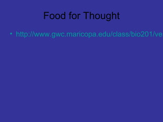 Food for Thought
• http://www.gwc.maricopa.edu/class/bio201/ver
 