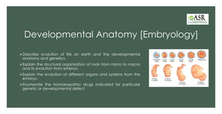Developmental Anatomy [Embryology]
➢Describe evolution of life on earth and the developmental
anatomy and genetics.
➢Explain the structural organization of man from micro to macro
and its evolution from embryo.
➢Explain the evolution of different organs and systems from the
embryo.
➢Enumerate the homoeopathic drugs indicated for particular
genetic or developmental defect
 