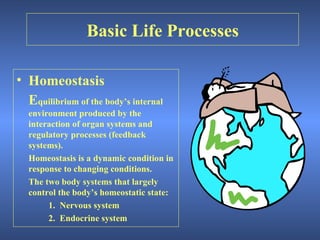 Basic Life Processes

• Homeostasis
  Equilibrium of the body’s internal
  environment produced by the
  interaction of organ systems and
  regulatory processes (feedback
  systems).
  Homeostasis is a dynamic condition in
  response to changing conditions.
  The two body systems that largely
  control the body’s homeostatic state:
       1. Nervous system
       2. Endocrine system
 