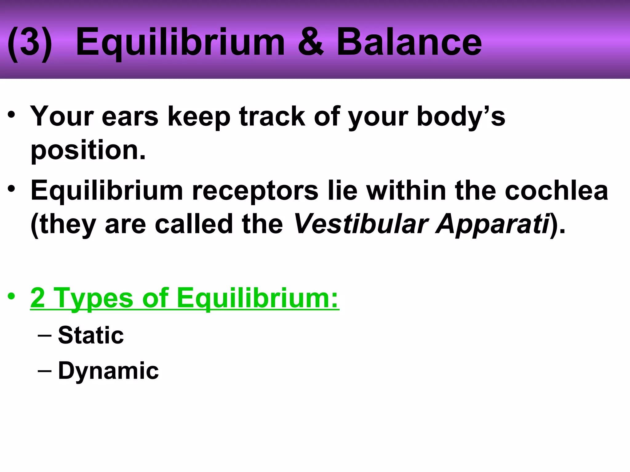 (3) Equilibrium & Balance
• Your ears keep track of your body’s
position.
• Equilibrium receptors lie within the cochlea
(they are called the Vestibular Apparati).
• 2 Types of Equilibrium:
– Static
– Dynamic
 