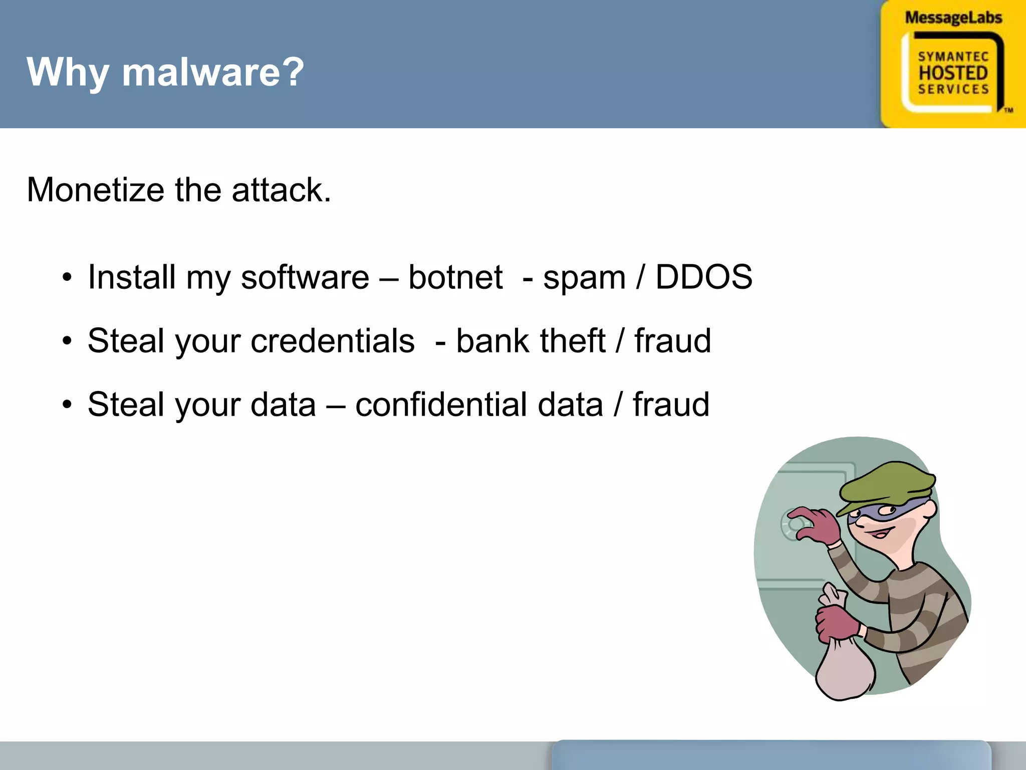Why malware?Monetize the attack.Install my software – botnet  - spam / DDOS