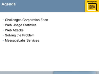 AgendaChallenges Corporation Face Web Usage StatisticsWeb AttacksSolving the ProblemMessageLabs Services