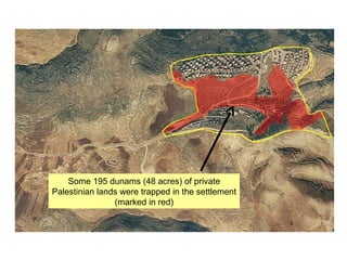 Some 195 dunams (48 acres) of private Palestinian lands were trapped in the settlement (marked in red) 
