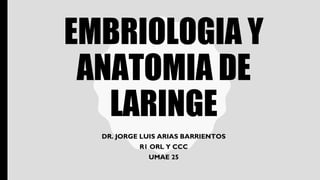 EMBRIOLOGIA Y
ANATOMIA DE
LARINGE
DR. JORGE LUIS ARIAS BARRIENTOS
R1 ORL Y CCC
UMAE 25
 
