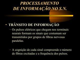 PROCESSAMENTO
DE INFORMAÇÃO NO S.N.
• TRÂNSITO DE INFORMAÇÃO
– Os pulsos elétricos que chegam nos terminais
neurais formam os sinais que costumam ser
transmitidos por grupos de fibras nervosas
paralelas.
– A cognição de cada sinal compreende o número
de fibras excitadas e a frequência dos pulsos.
 