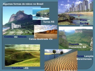 Os agentes externos estão representados pelas  águas( chuvas, rios, mares, gelo)  , pelo  calor, pelo vento e pelos  seres vivos. Os agentes internos ( ou forças endógenas) estão representados pelo tectonismo, pelo  vulcanismo e pelos  sísmos.vulcanismoTectonismo Agentes internosAgentes externos Falésia  -Abrasão marinhaVila velha –PR   Erosão eólica